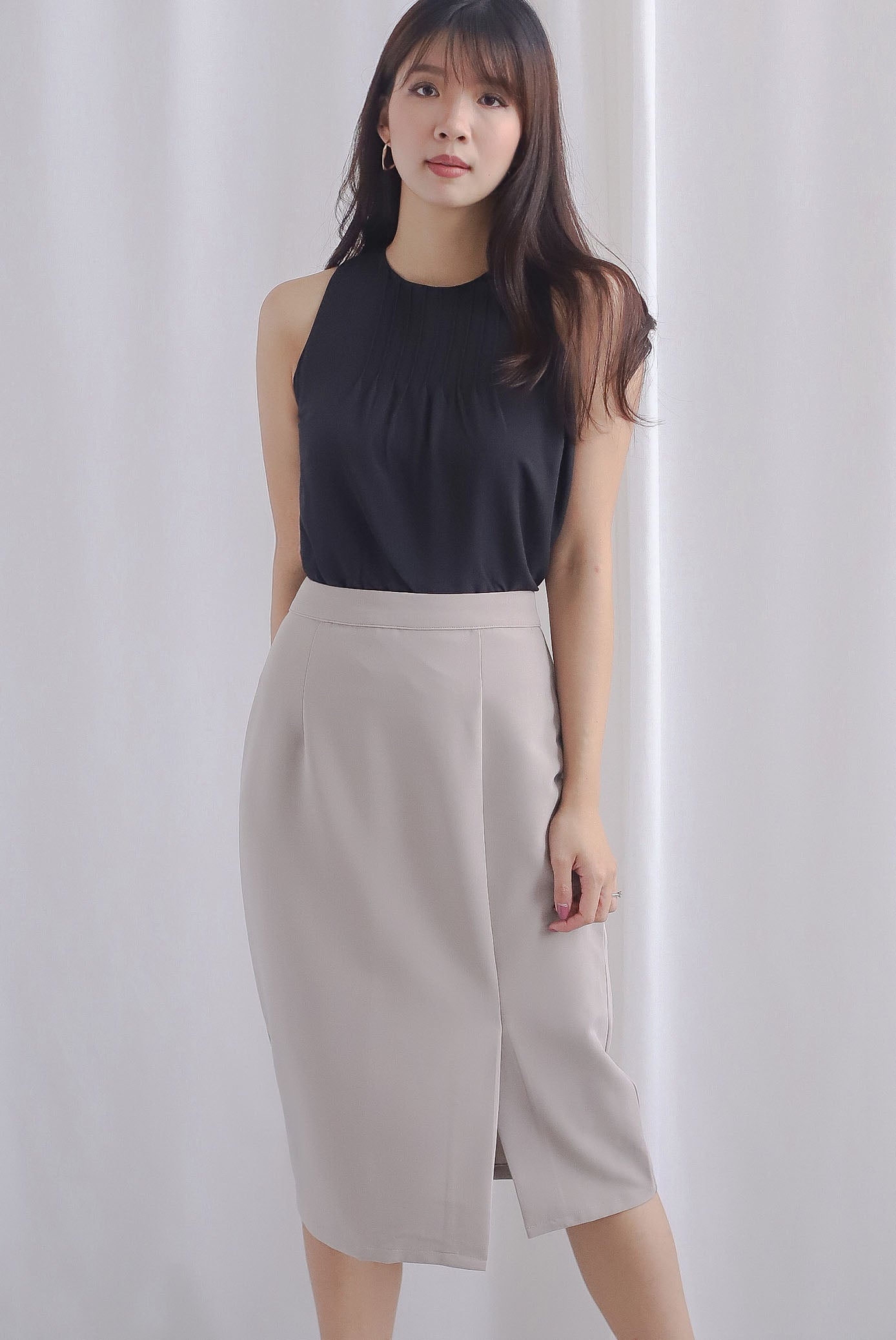 Zaya Pleat Neckline Top In Black